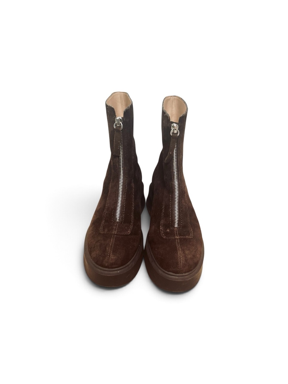 Steve Madden Jones Dark Brown Suede Front-Zip Platform Ankle Booties Size 8M.